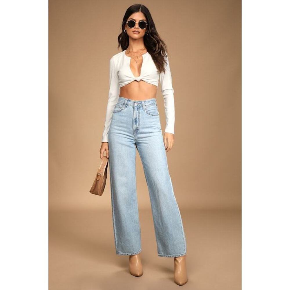 Lulus Perfectly Trendy White Ribbed Knot-front Long Sleeve Crop Top - Size M